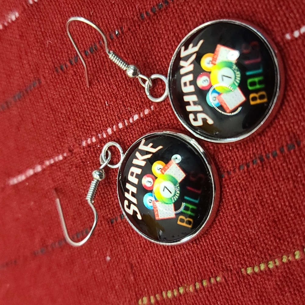 BINGO "Shake those Balls" Round Dangle Earrings silvertone NWT